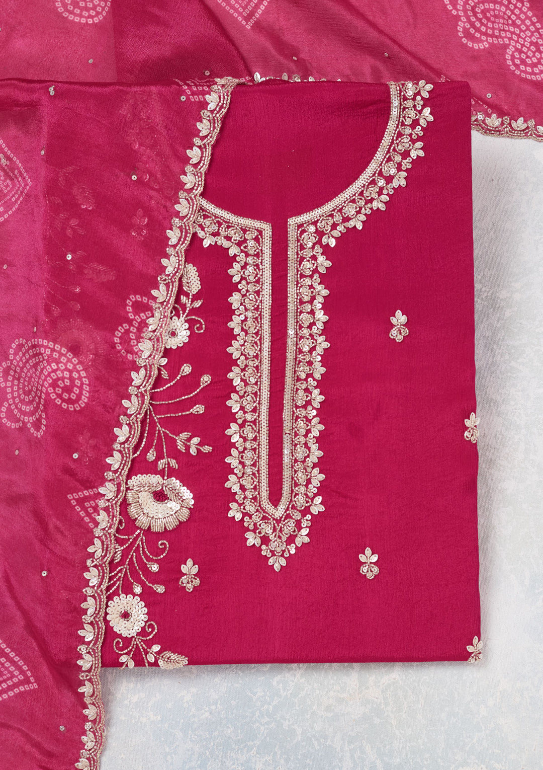 Rani Pink Cutdana Crepe Unstitched Salwar Suit