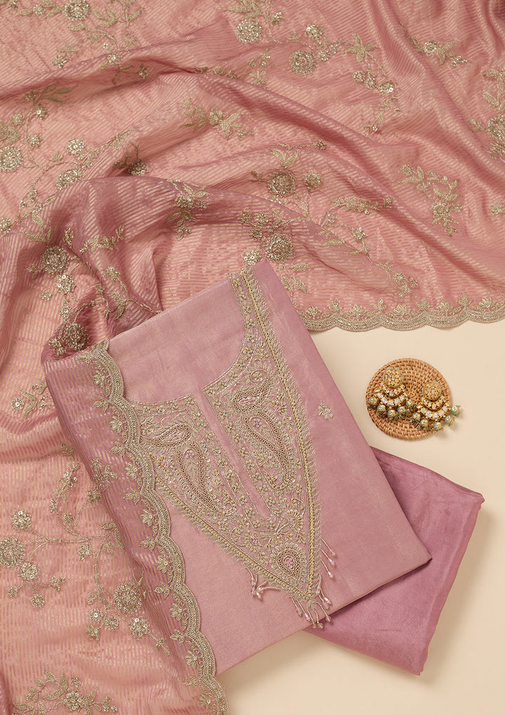 Pink Sequins Organza Unstitched Salwar Suit