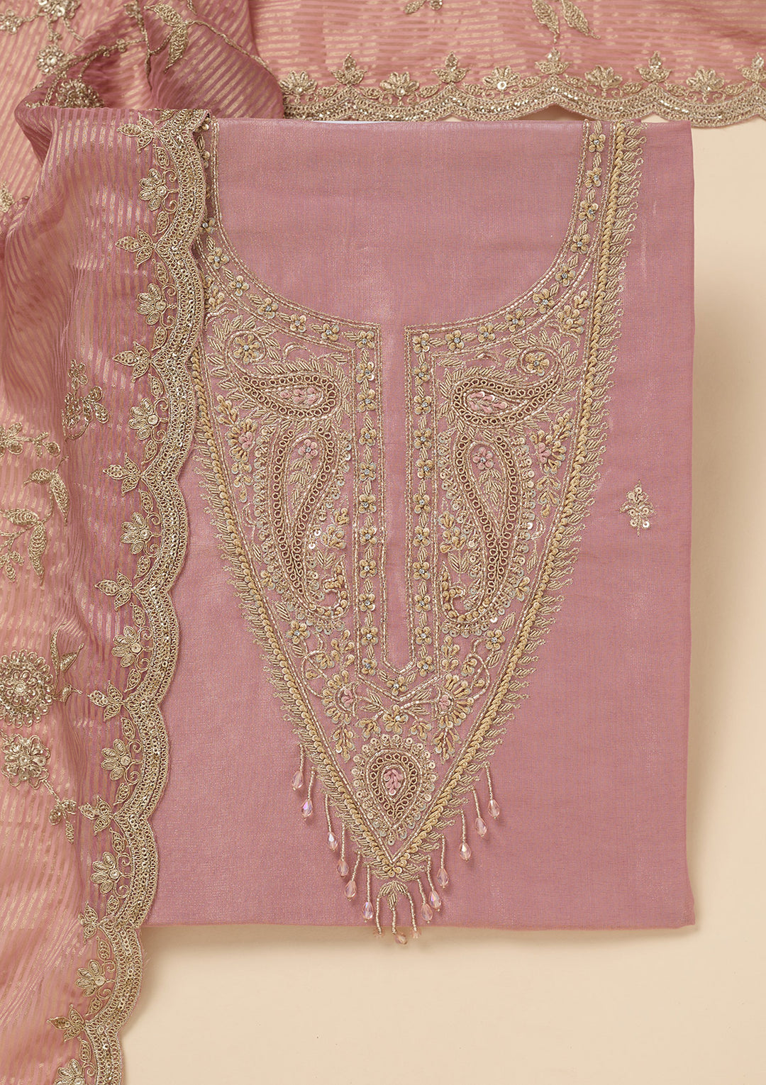 Pink Sequins Organza Unstitched Salwar Suit