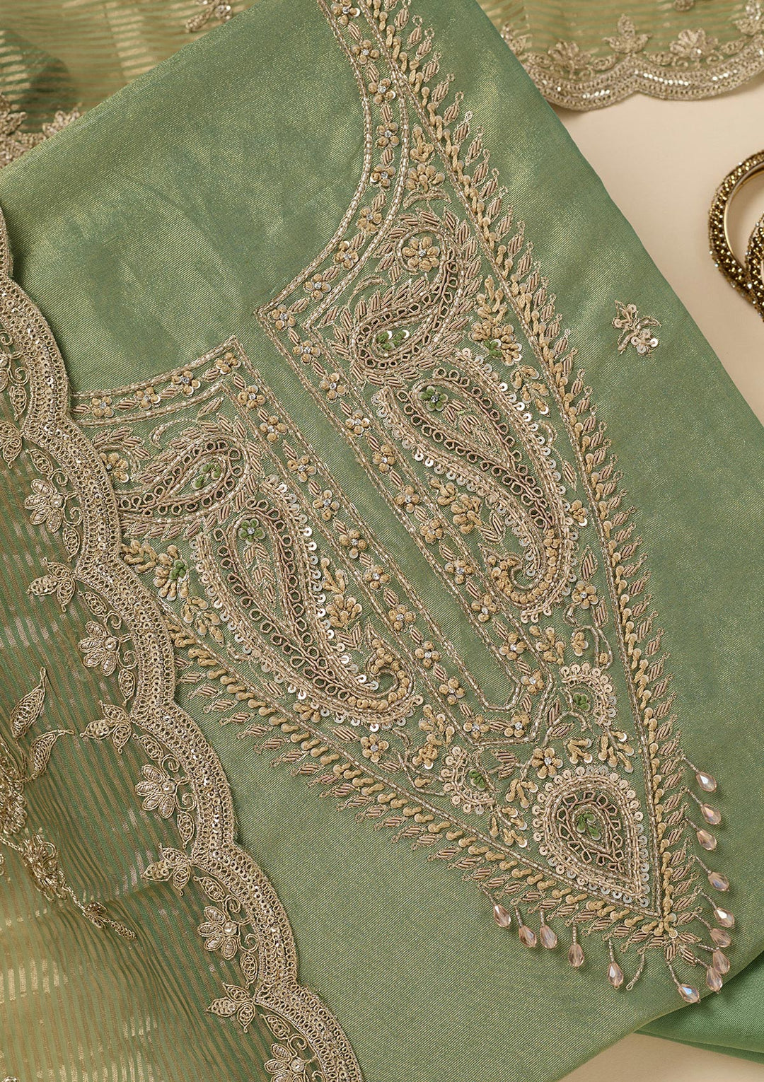 Pista Green Sequins Organza Unstitched Salwar Suit