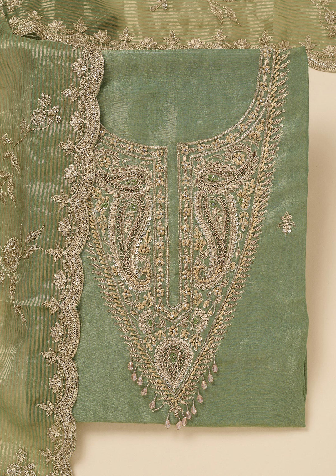 Pista Green Sequins Organza Unstitched Salwar Suit