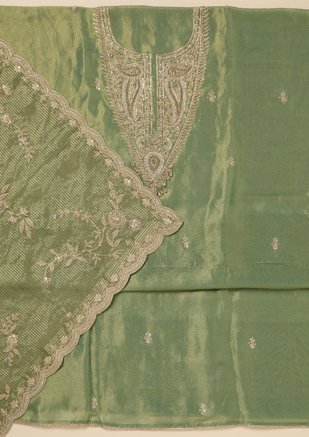 Pista Green Sequins Organza Unstitched Salwar Suit