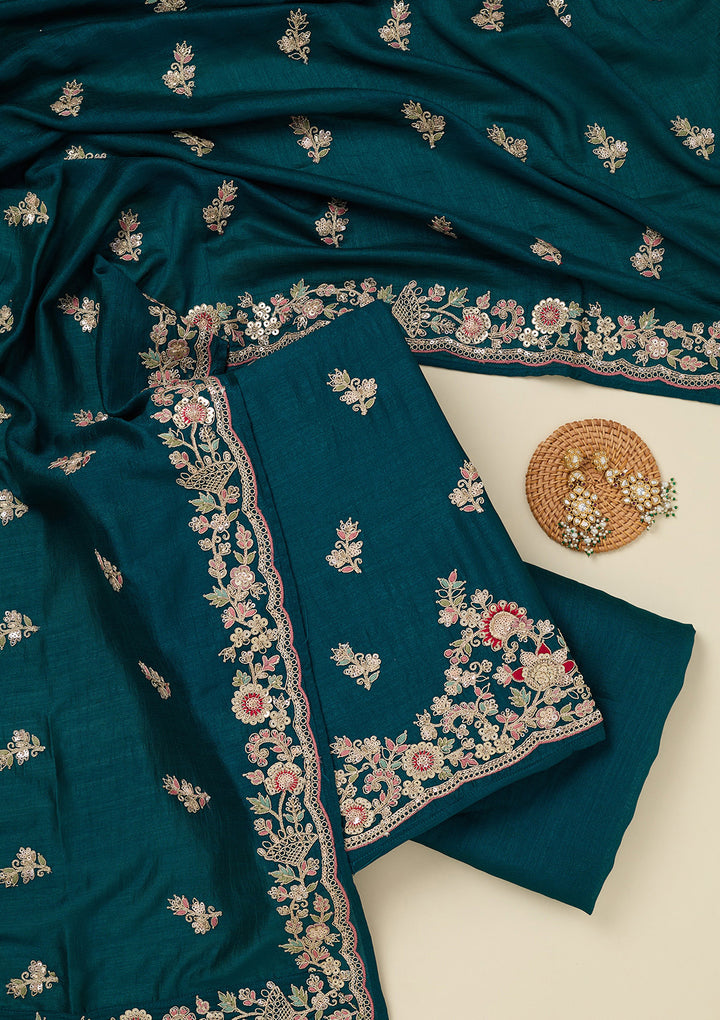 Peacock Blue Zariwork (Gold) Soft Raw Silk Unstitched Salwar Suit