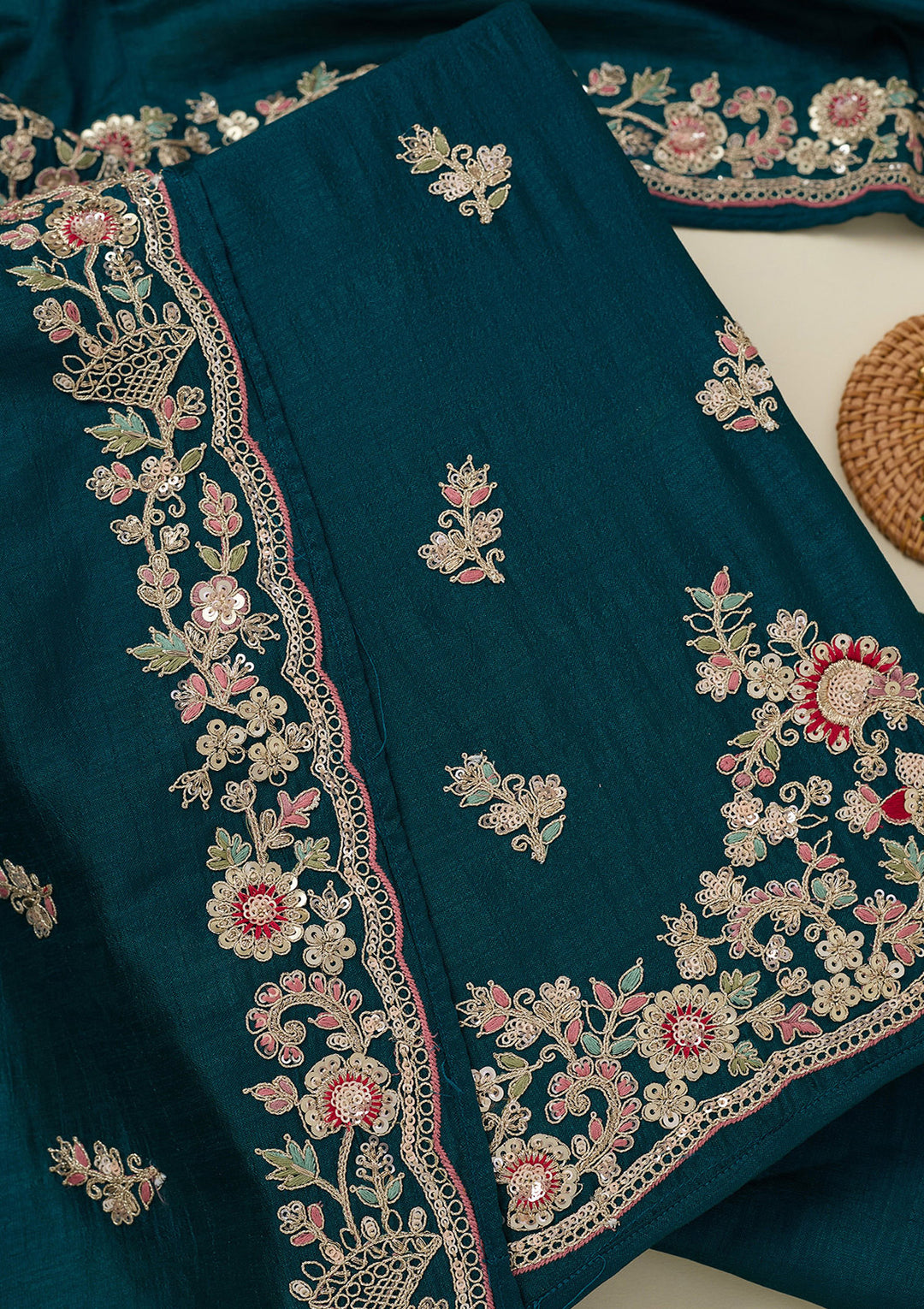 Peacock Blue Zariwork (Gold) Soft Raw Silk Unstitched Salwar Suit