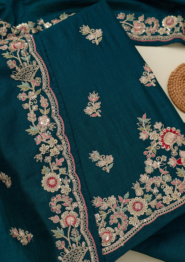 Peacock Blue Zariwork (Gold) Soft Raw Silk Unstitched Salwar Suit