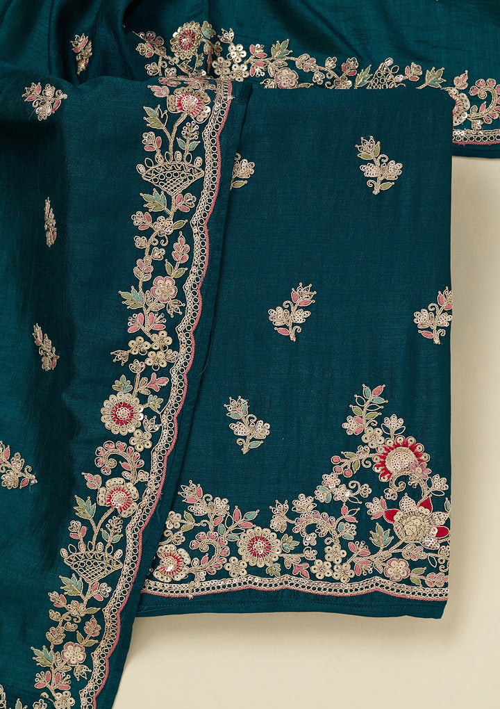 Peacock Blue Zariwork (Gold) Soft Raw Silk Unstitched Salwar Suit