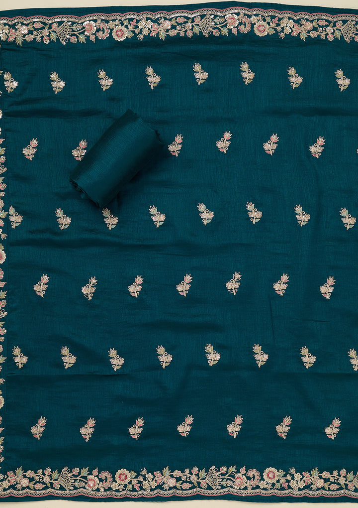 Peacock Blue Zariwork (Gold) Soft Raw Silk Unstitched Salwar Suit