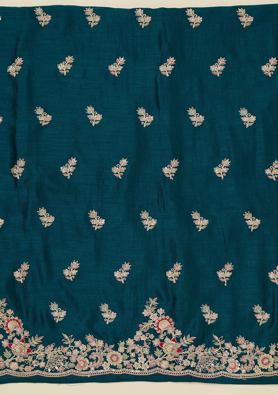 Peacock Blue Zariwork (Gold) Soft Raw Silk Unstitched Salwar Suit
