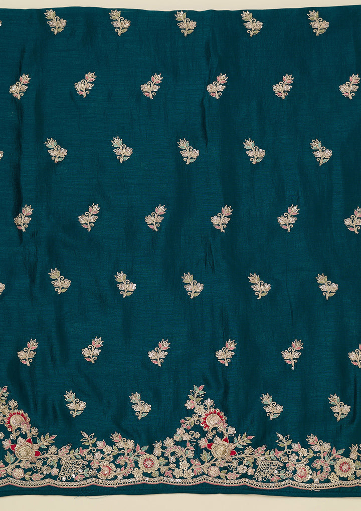 Peacock Blue Zariwork (Gold) Soft Raw Silk Unstitched Salwar Suit