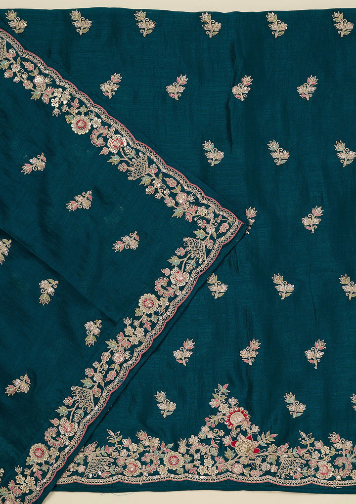Peacock Blue Zariwork (Gold) Soft Raw Silk Unstitched Salwar Suit