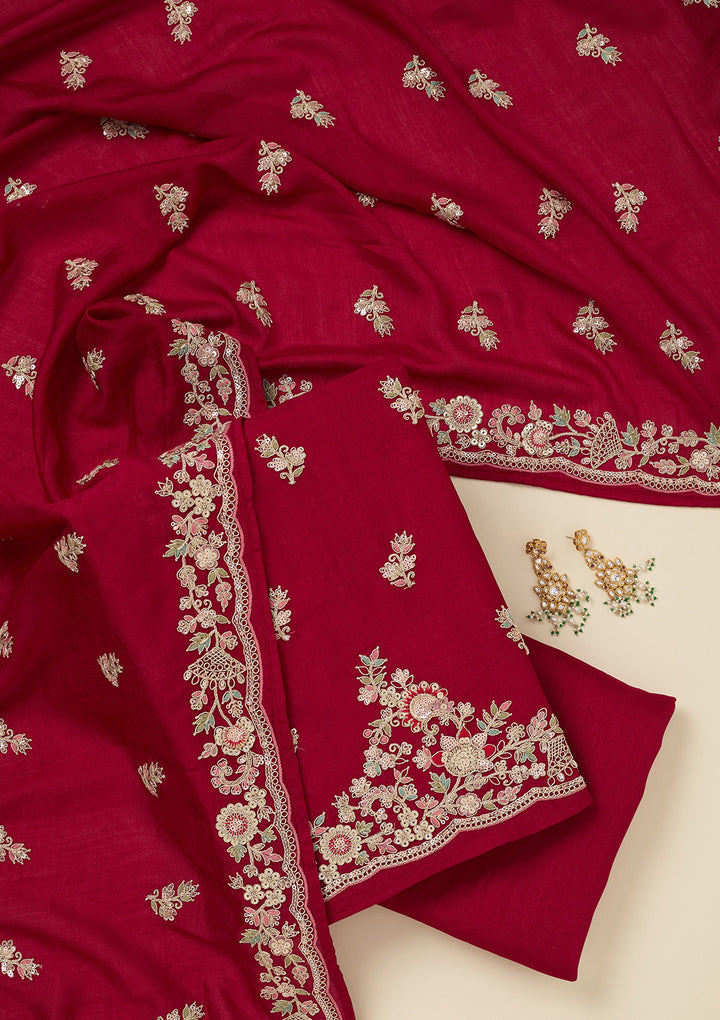 Rani Pink Zariwork (Gold) Soft Raw Silk Unstitched Salwar Suit