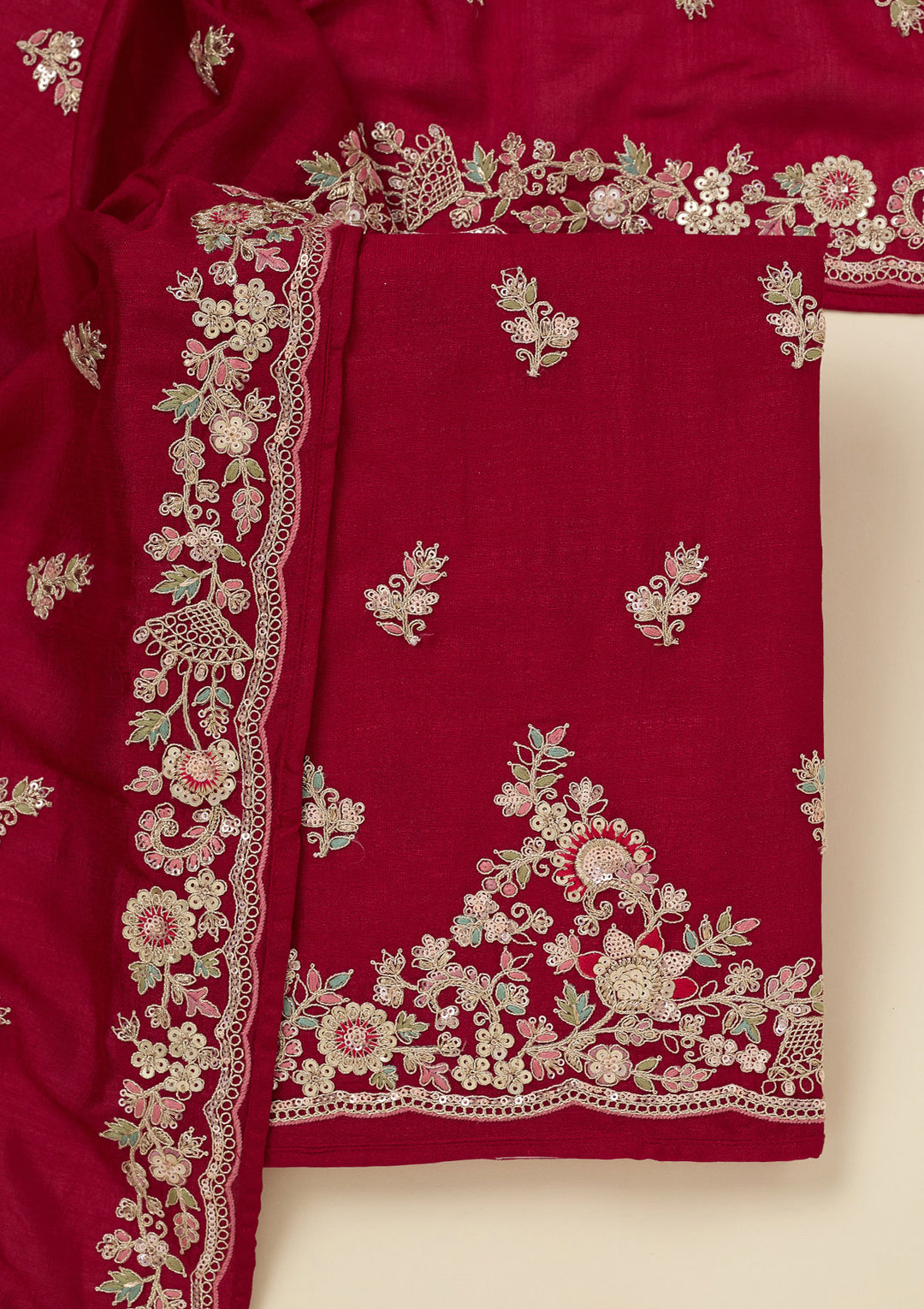 Rani Pink Zariwork (Gold) Soft Raw Silk Unstitched Salwar Suit