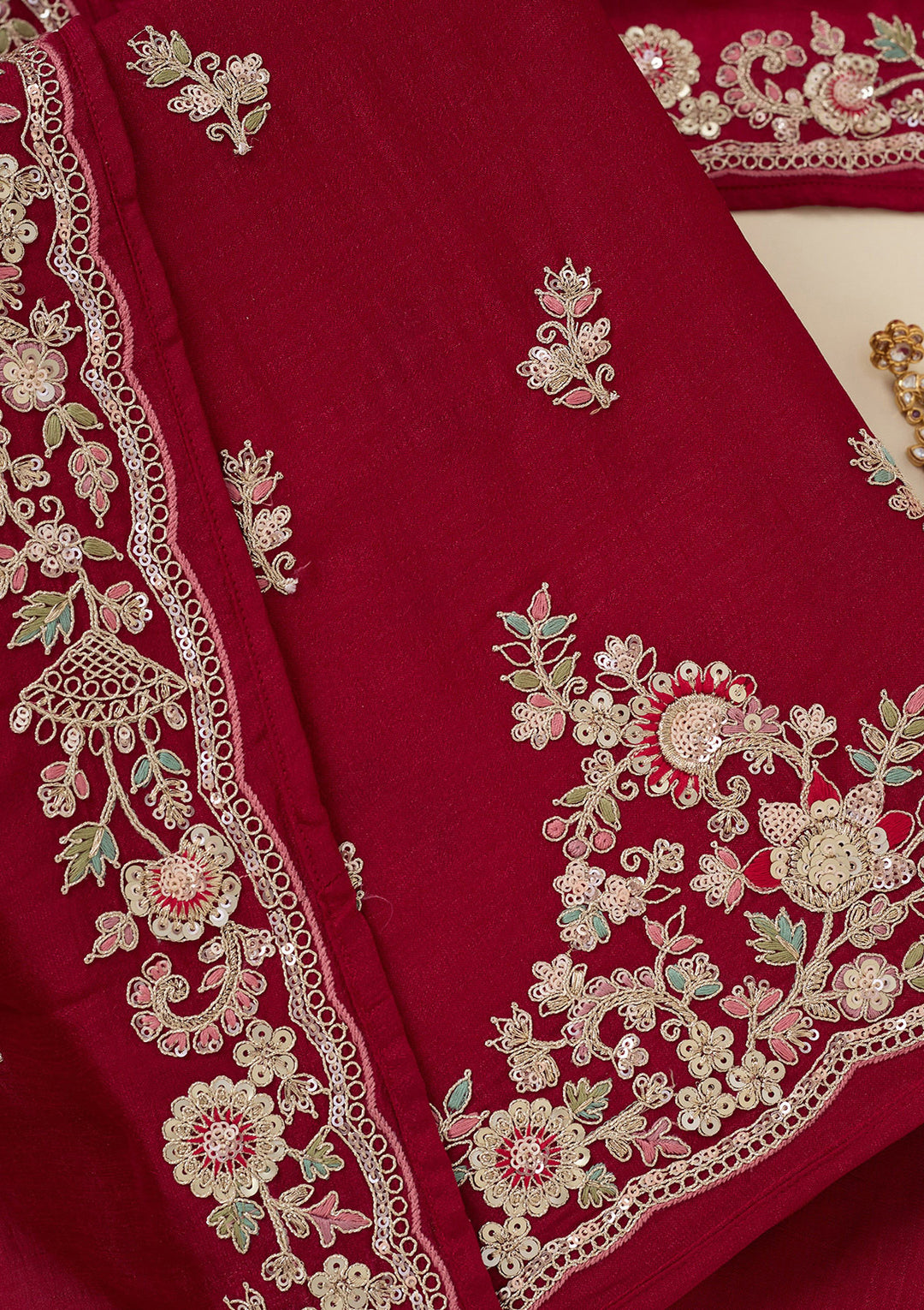Rani Pink Zariwork (Gold) Soft Raw Silk Unstitched Salwar Suit