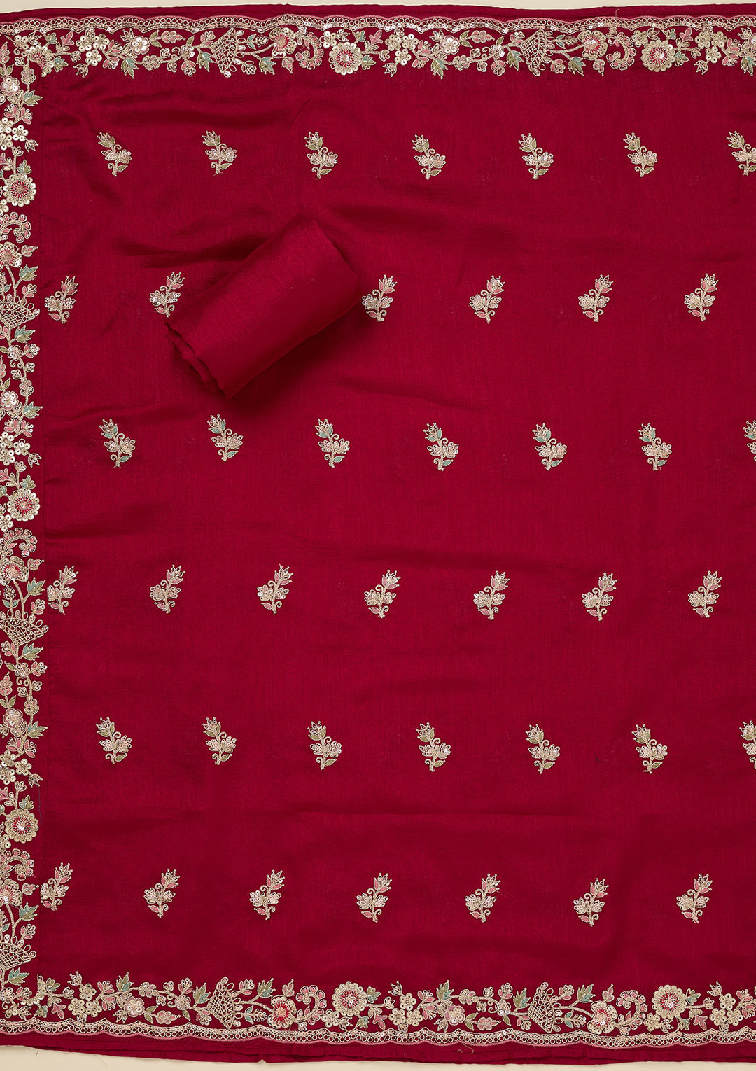 Rani Pink Zariwork (Gold) Soft Raw Silk Unstitched Salwar Suit