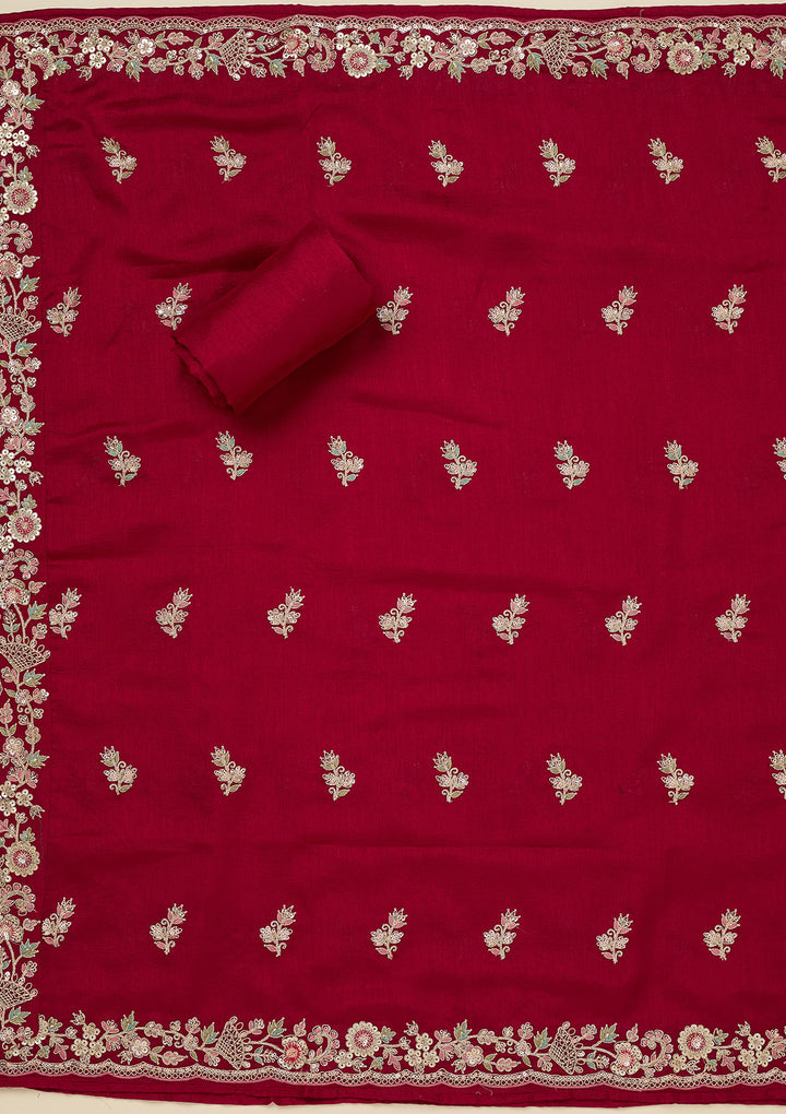 Rani Pink Zariwork (Gold) Soft Raw Silk Unstitched Salwar Suit