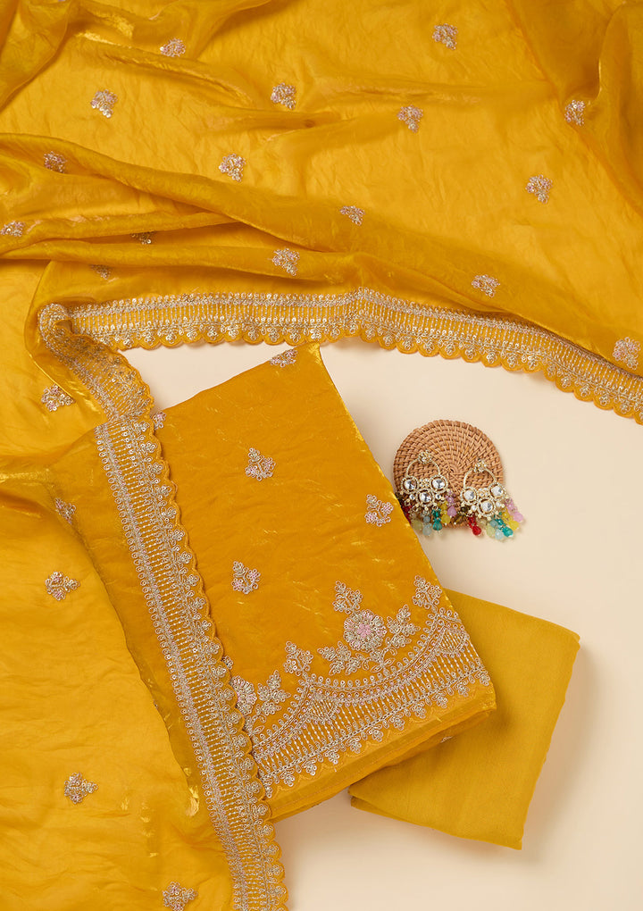 Mustard Zariwork (Gold) Soft Raw Silk Unstitched Salwar Suit