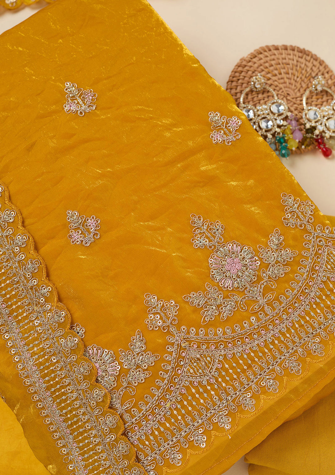 Mustard Zariwork (Gold) Soft Raw Silk Unstitched Salwar Suit