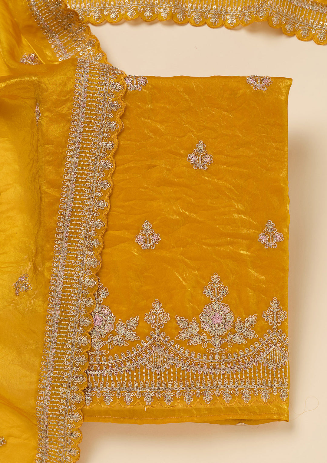 Mustard Zariwork (Gold) Soft Raw Silk Unstitched Salwar Suit