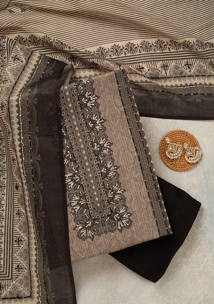 Beige Threadwork Chanderi Unstitched Salwar Suit