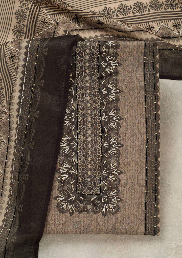 Beige Threadwork Chanderi Unstitched Salwar Suit