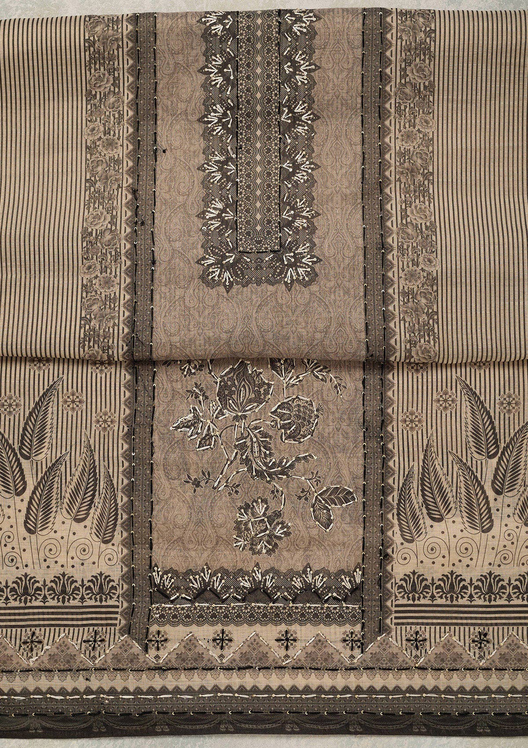 Beige Threadwork Chanderi Unstitched Salwar Suit