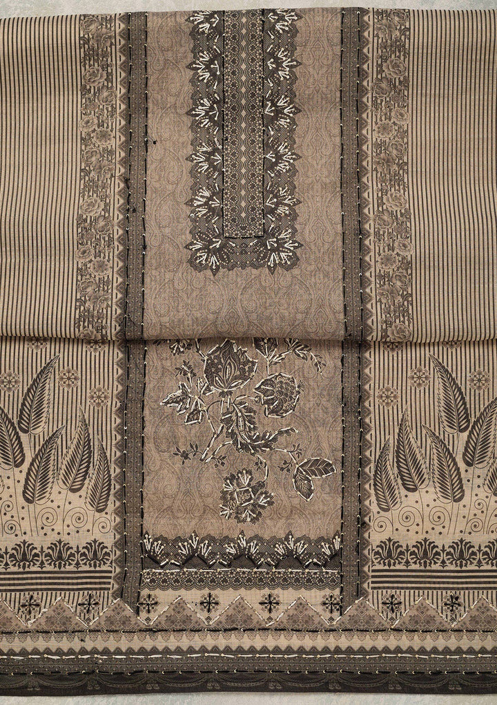 Beige Threadwork Chanderi Unstitched Salwar Suit