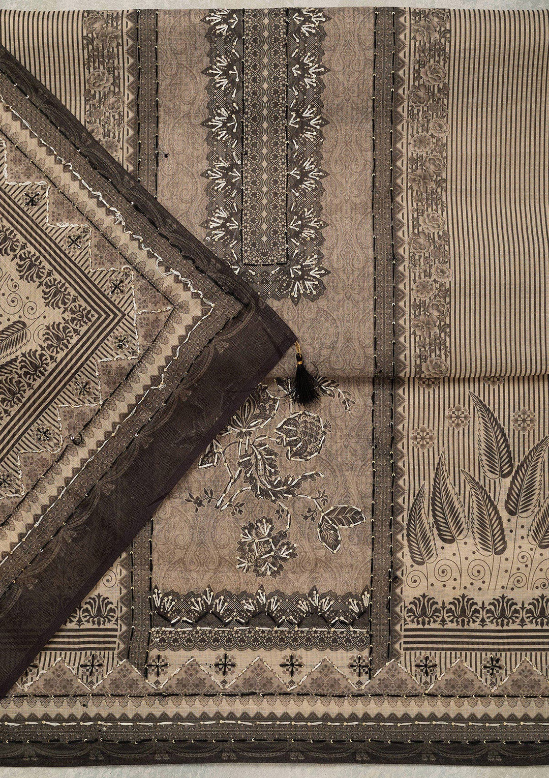 Beige Threadwork Chanderi Unstitched Salwar Suit