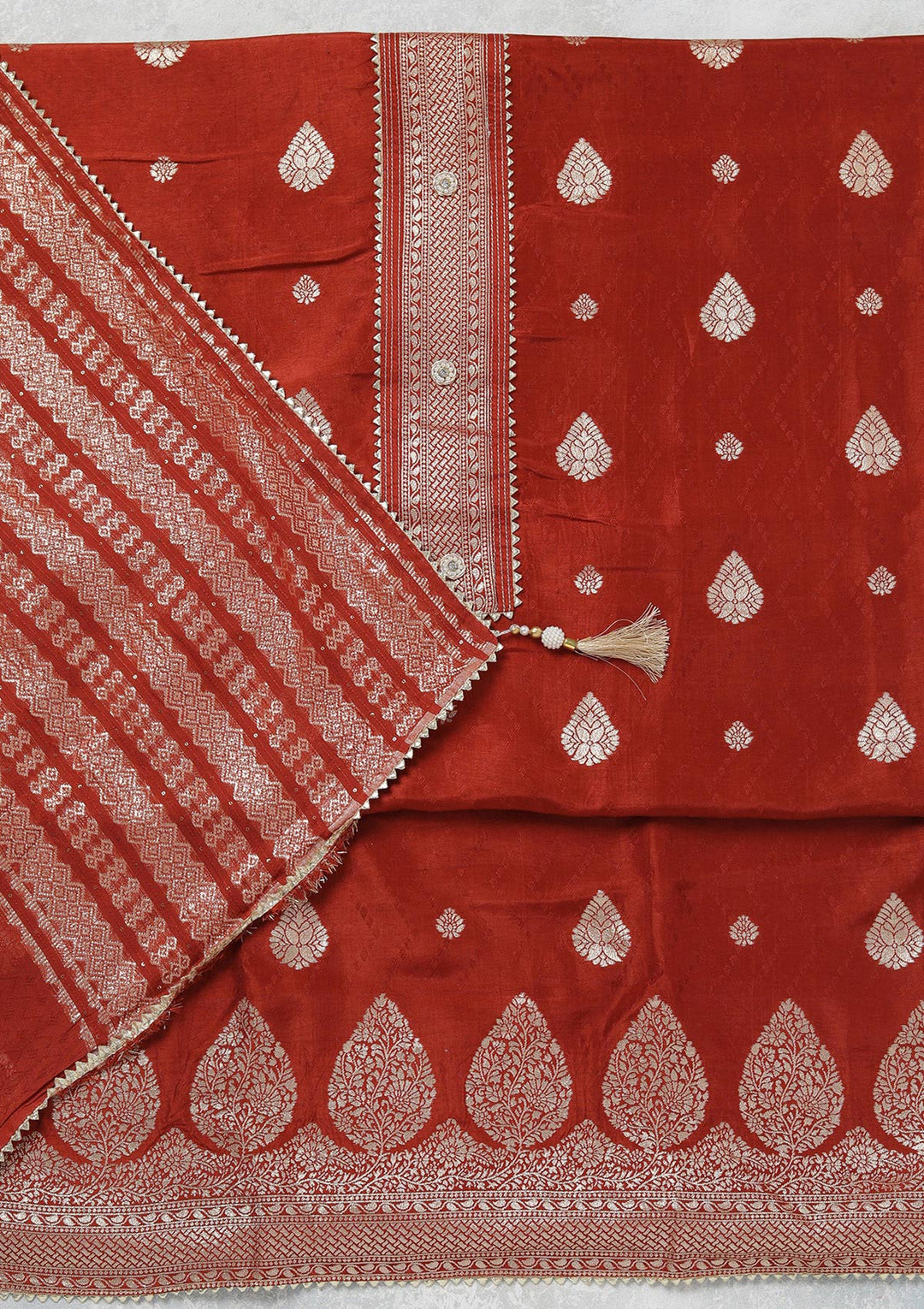 Rust Zariwork (Gold) Dola Silk Unstitched Salwar Suit