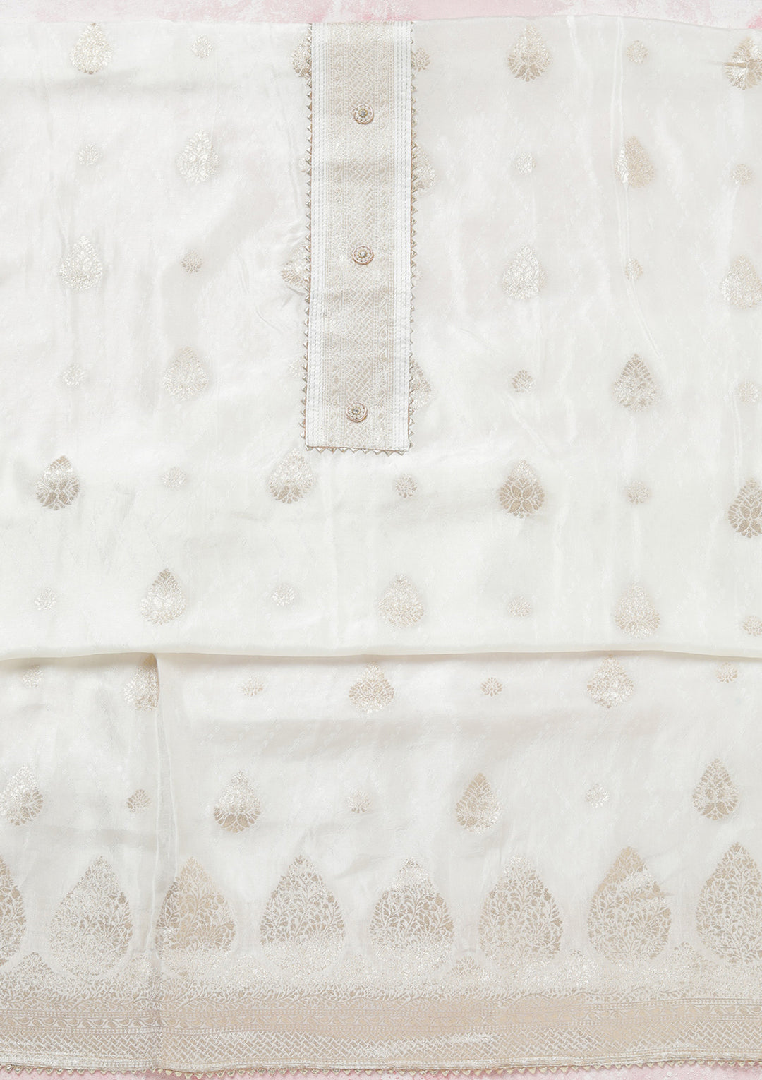 White Zariwork (Gold) Dola Silk Unstitched Salwar Suit