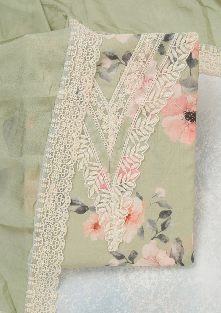 Pista Green Threadwork Crepe Unstitched Salwar Suit