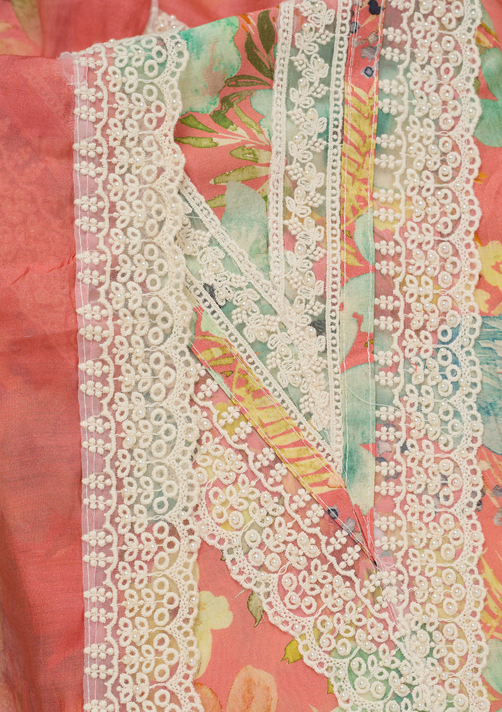 Peach Threadwork Semi Crepe Unstitched Salwar Suit