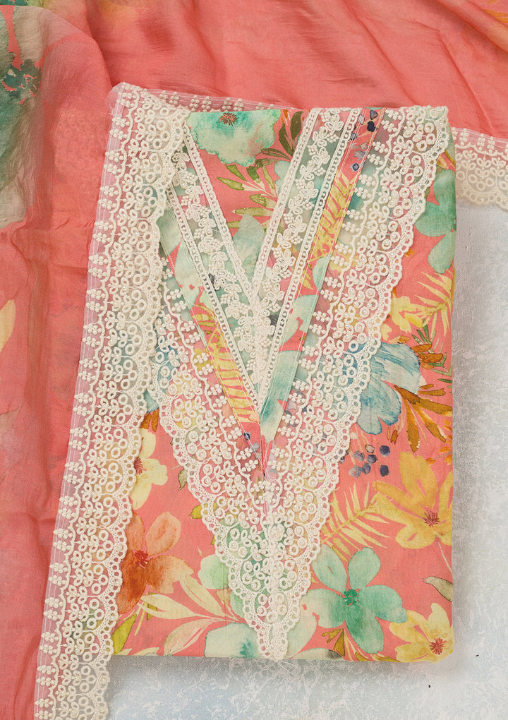 Peach Threadwork Semi Crepe Unstitched Salwar Suit