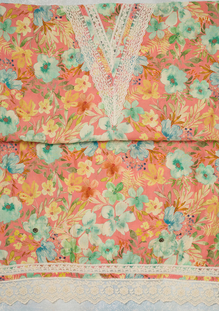Peach Threadwork Semi Crepe Unstitched Salwar Suit
