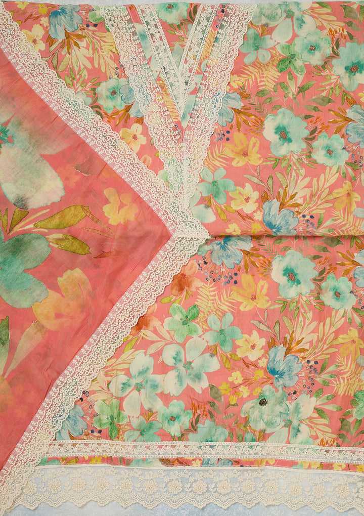 Peach Threadwork Semi Crepe Unstitched Salwar Suit