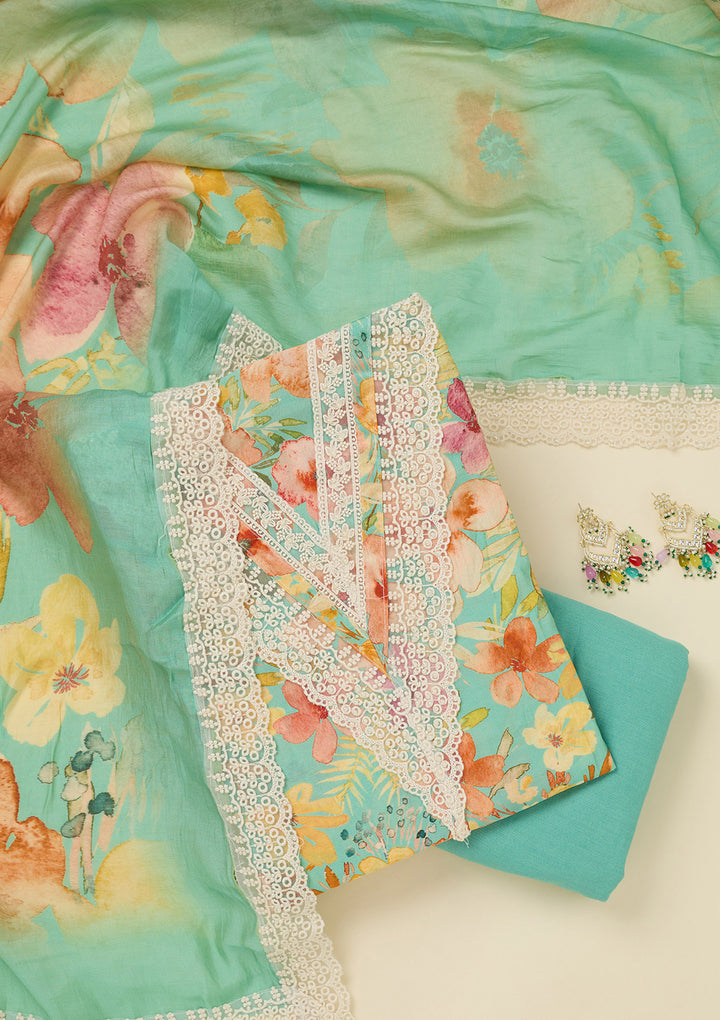 Sea Green Threadwork Semi Crepe Unstitched Salwar Suit