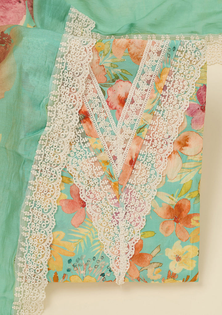 Sea Green Threadwork Semi Crepe Unstitched Salwar Suit