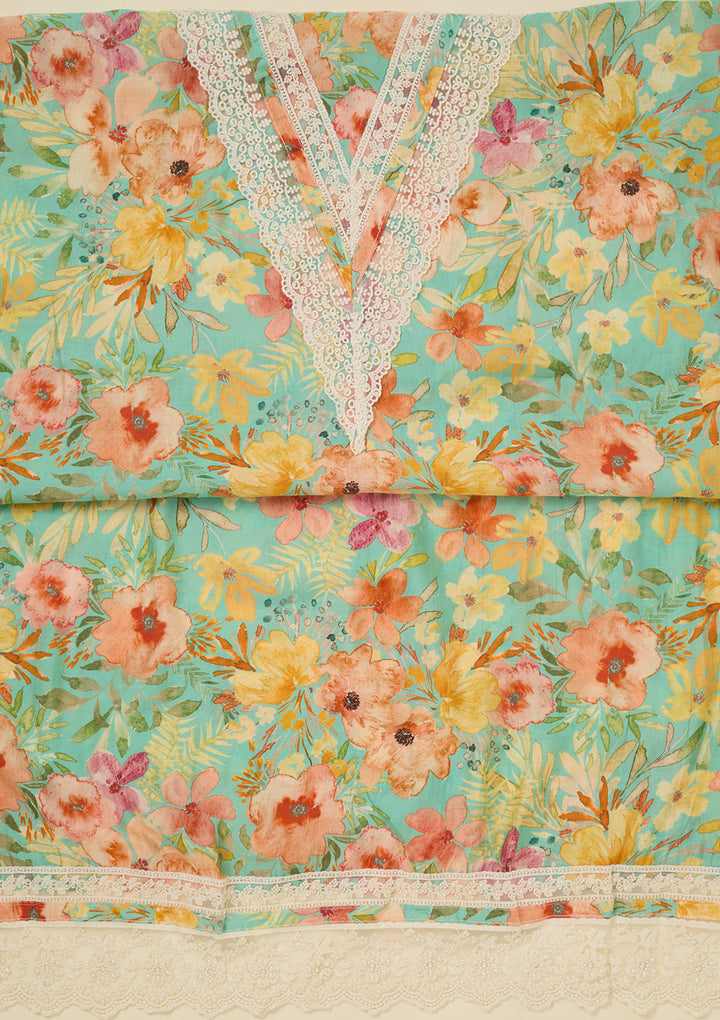 Sea Green Threadwork Semi Crepe Unstitched Salwar Suit