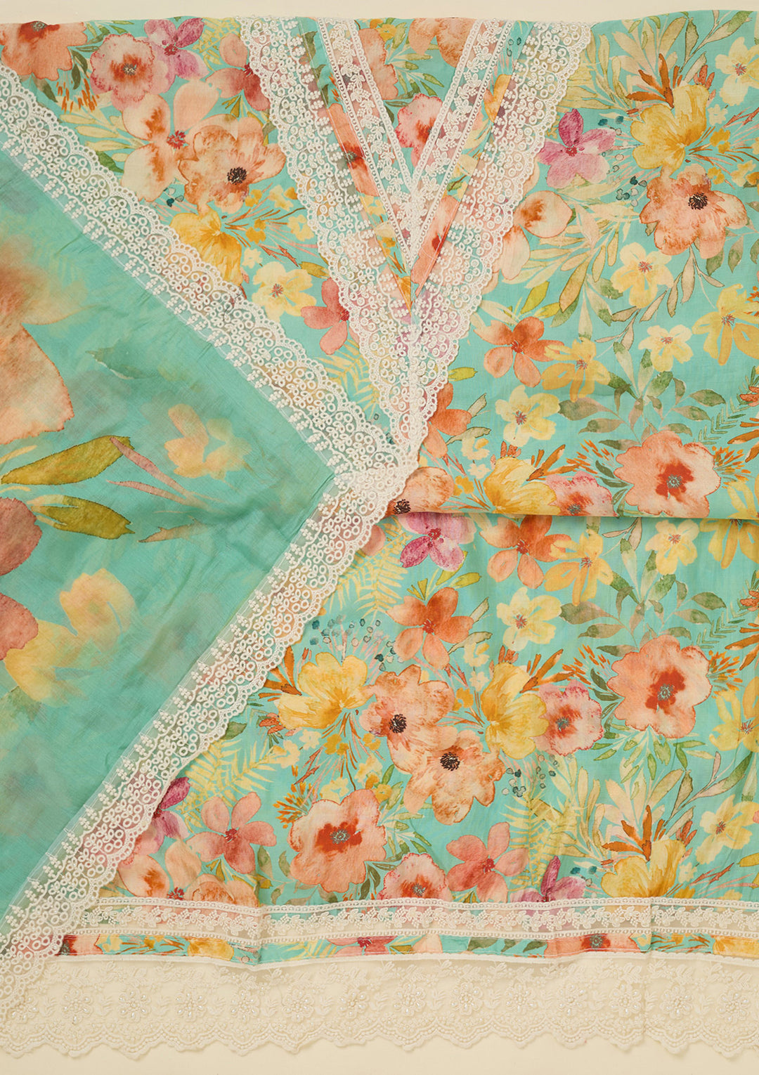 Sea Green Threadwork Semi Crepe Unstitched Salwar Suit