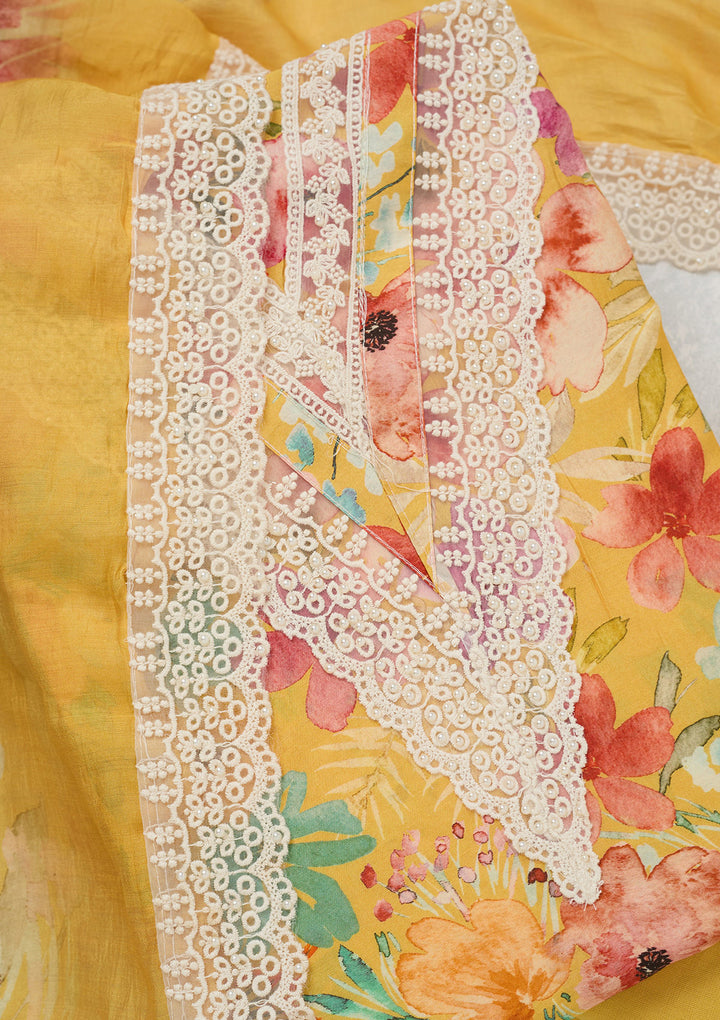 Yellow Threadwork Semi Crepe Unstitched Salwar Suit