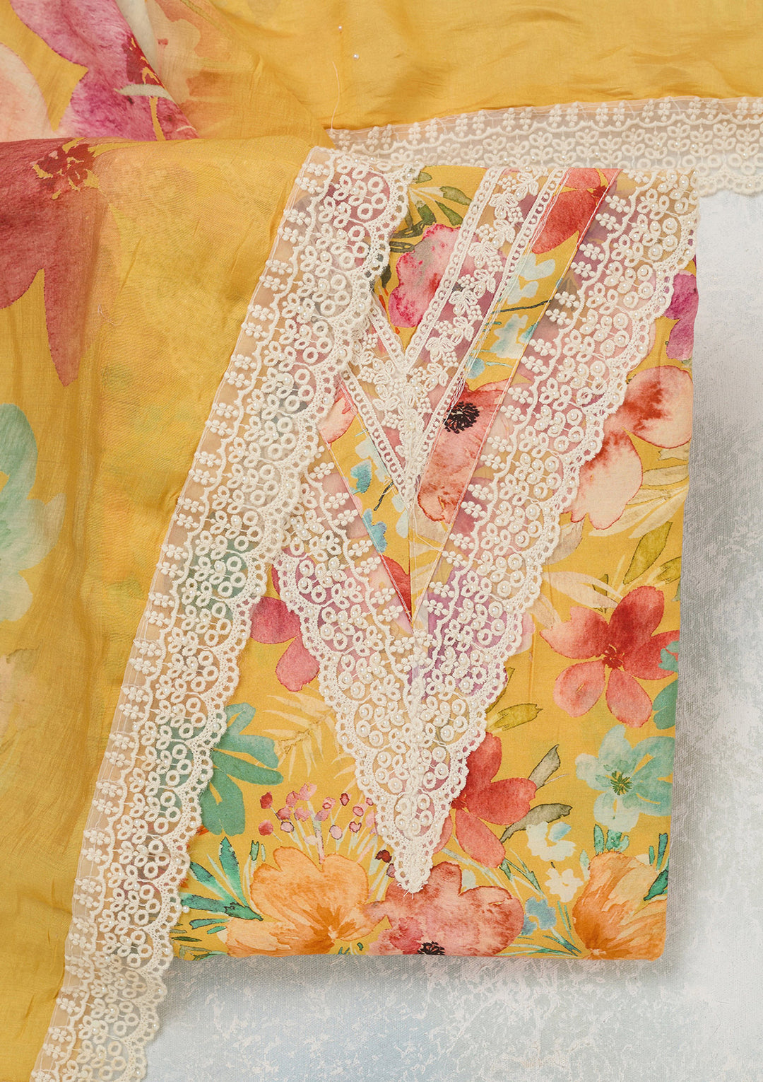 Yellow Threadwork Semi Crepe Unstitched Salwar Suit