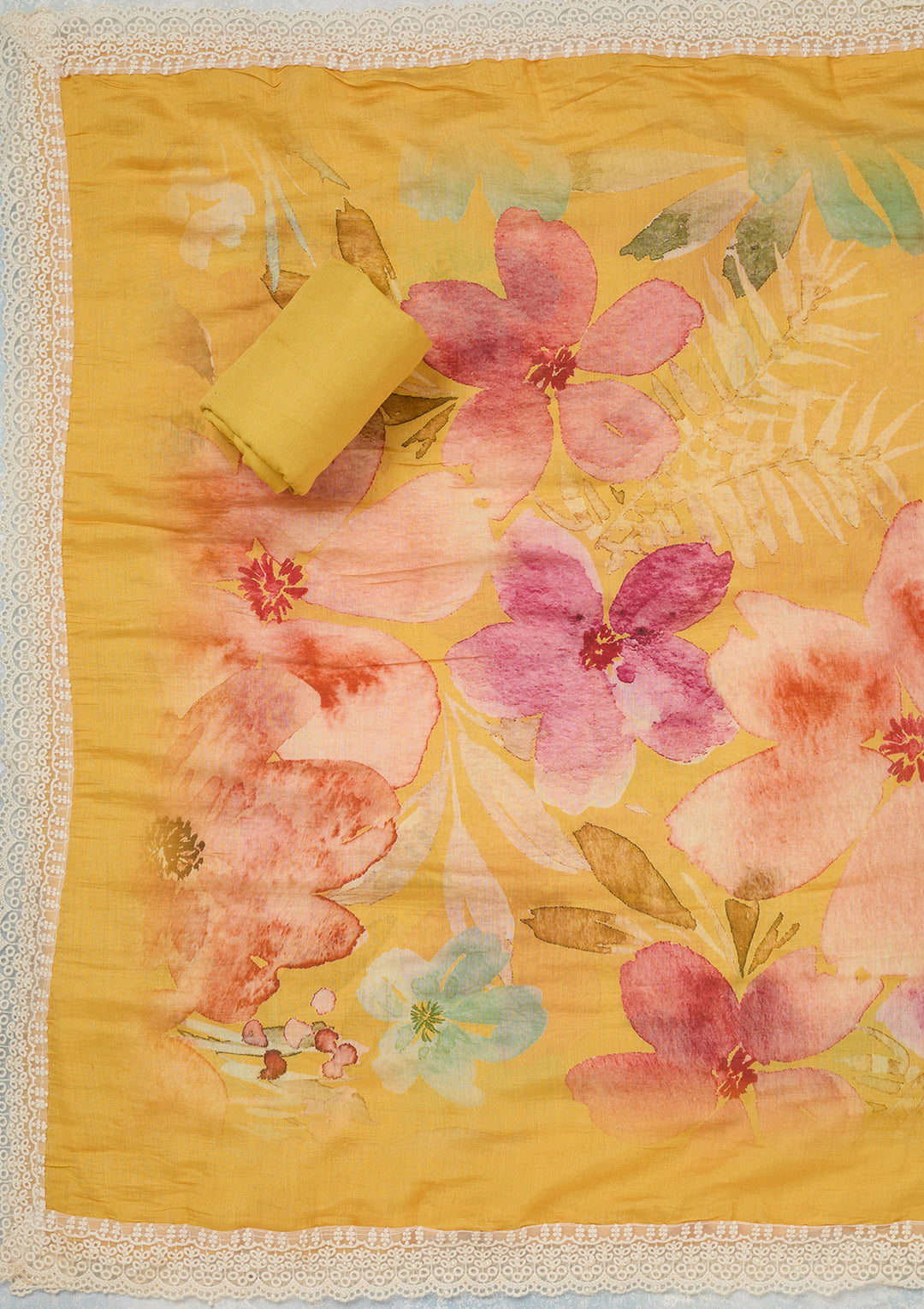 Yellow Threadwork Semi Crepe Unstitched Salwar Suit