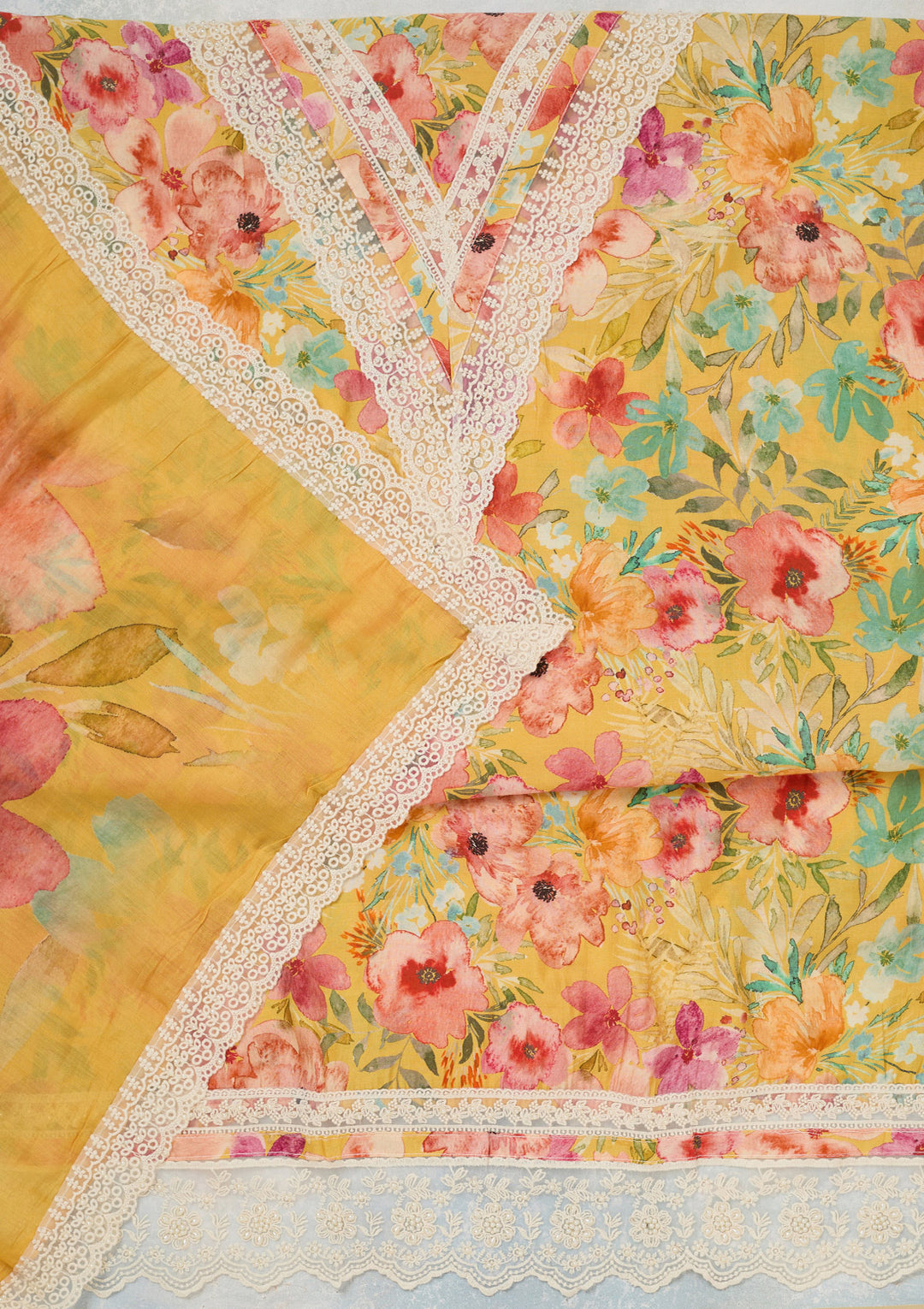Yellow Threadwork Semi Crepe Unstitched Salwar Suit