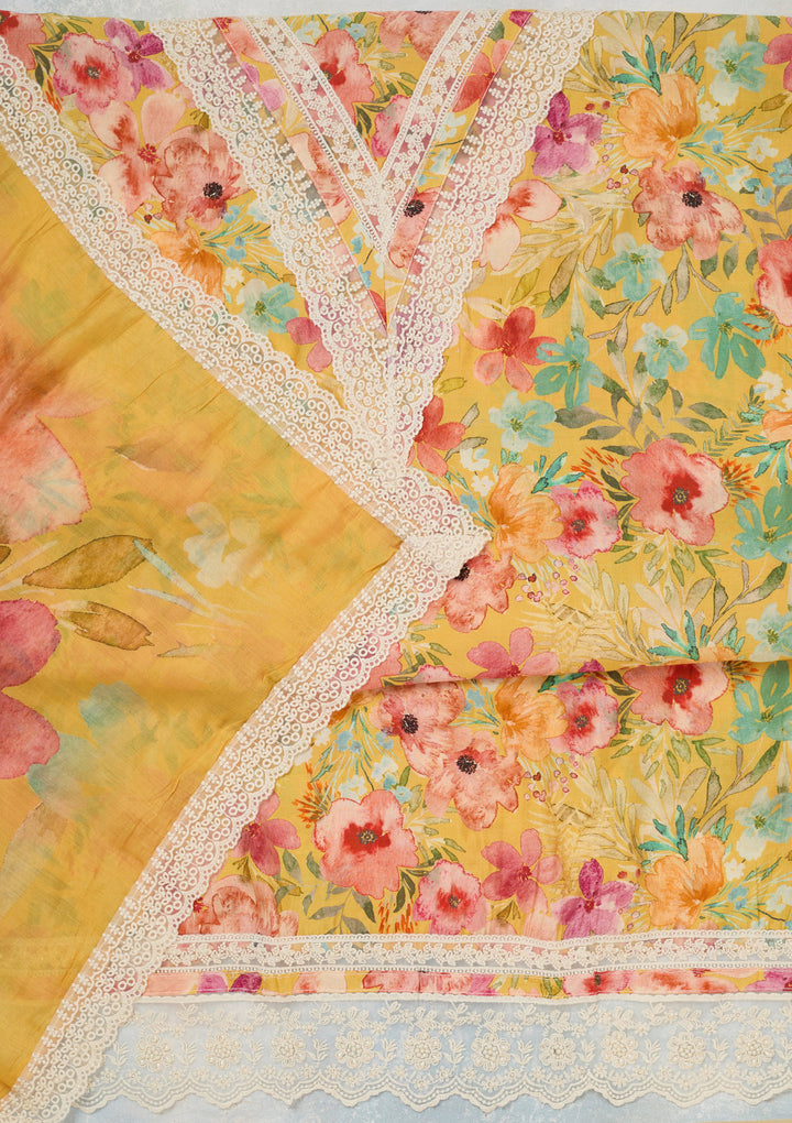 Yellow Threadwork Semi Crepe Unstitched Salwar Suit