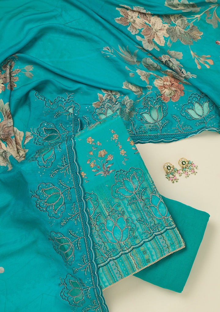 Turquoise Blue Stonework (Gold) Crepe Unstitched Salwar Suit