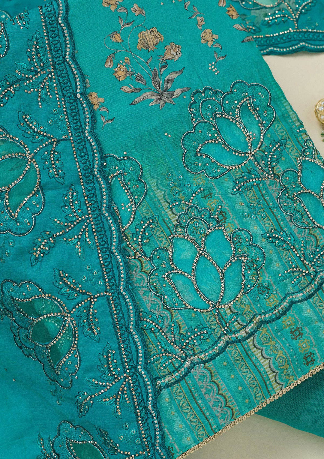 Turquoise Blue Stonework (Gold) Crepe Unstitched Salwar Suit