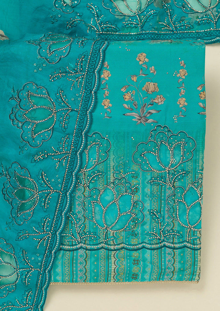 Turquoise Blue Stonework (Gold) Crepe Unstitched Salwar Suit