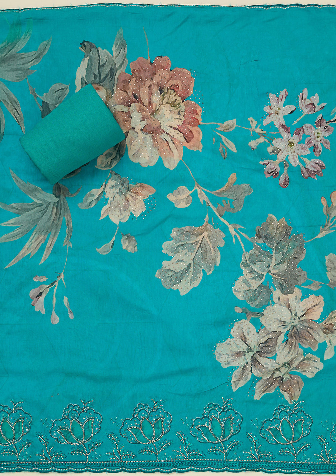 Turquoise Blue Stonework (Gold) Crepe Unstitched Salwar Suit