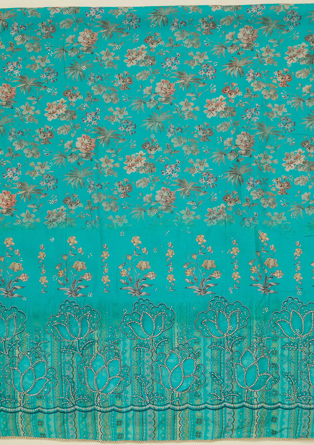 Turquoise Blue Stonework (Gold) Crepe Unstitched Salwar Suit