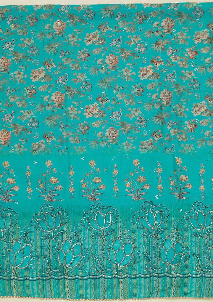 Turquoise Blue Stonework (Gold) Crepe Unstitched Salwar Suit