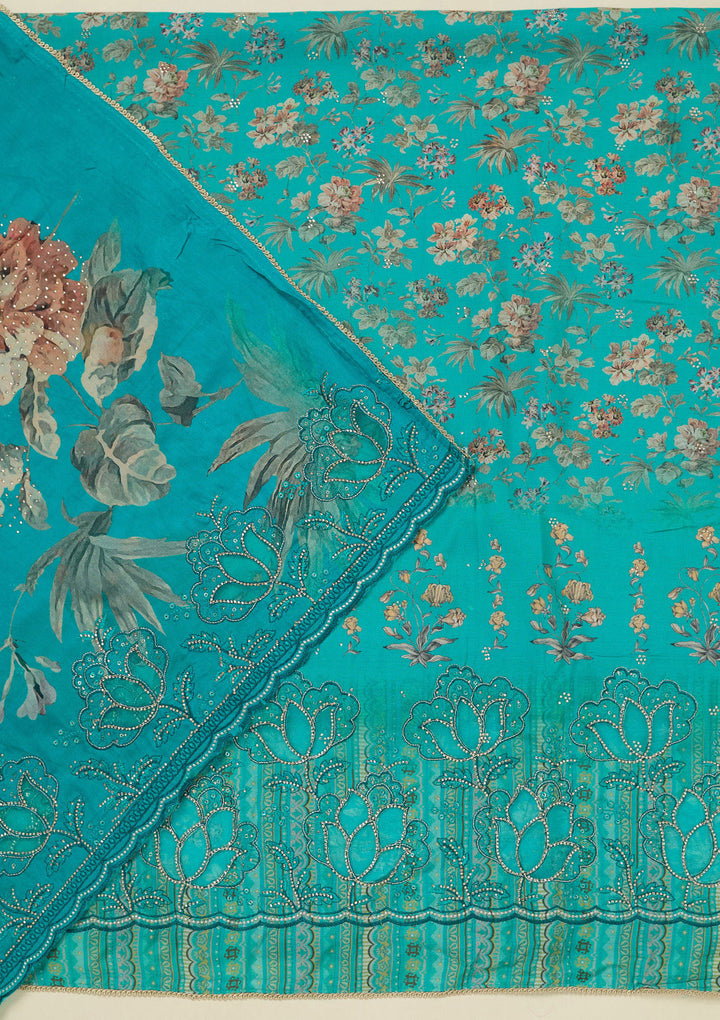 Turquoise Blue Stonework (Gold) Crepe Unstitched Salwar Suit